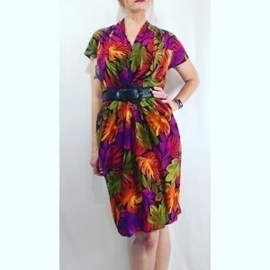 80's Vintage Tess Multicolor Leaf Print Silk Midi Dress